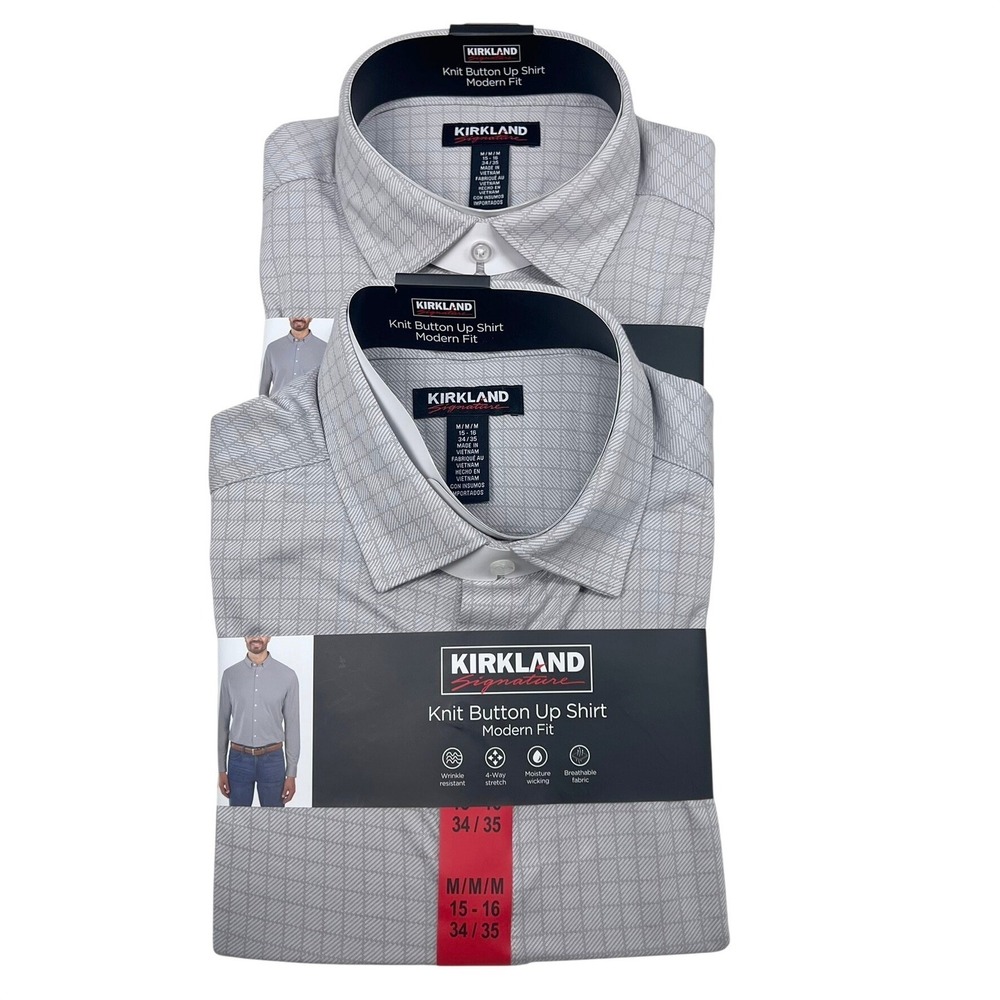 Kirkland Signature Mens Knit Button Up Shirts Grey Modern Fit M 15-16 34/35